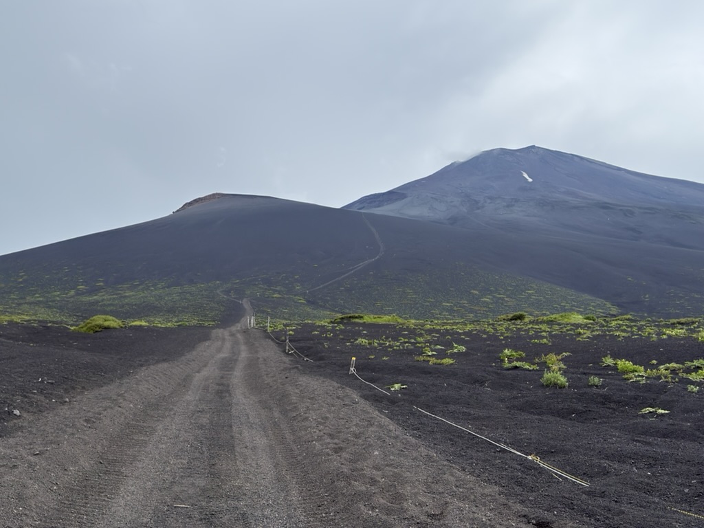 左に宝永山 右は富士山 今通った砂走りの道が見える
