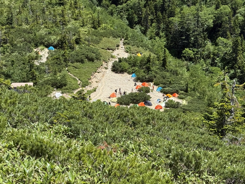 薬師峠テント場 さすが3連休。すでにテント多め(薬師峠へ下る手前の高台から撮影)