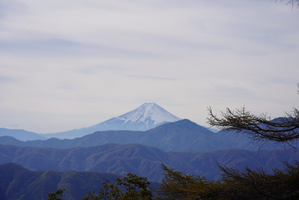 奥にあるテント場から富士山バッチリ！（七ツ石小屋テント場で撮影）