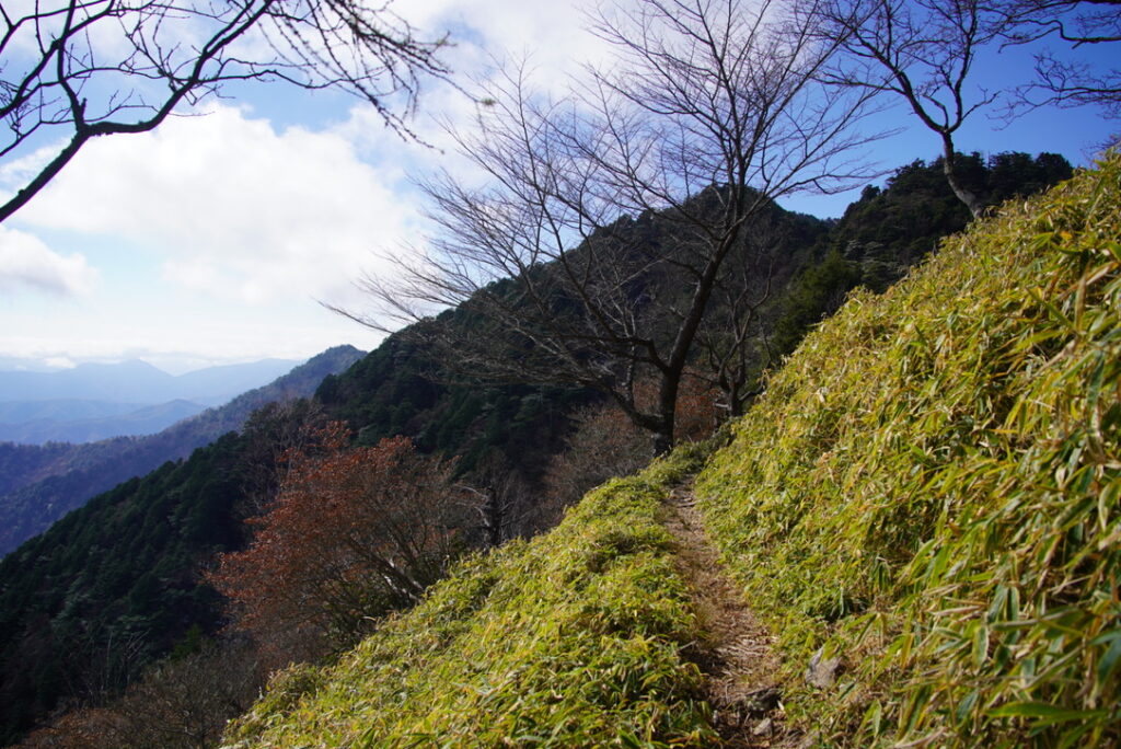 2日目はコースタイム9時間.。決して初心者向けではない今回のルートなのです　写真は雲取山〜飛龍山の登山道