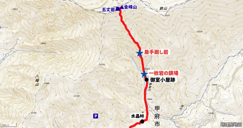 水晶峠〜金峰山までのMAP