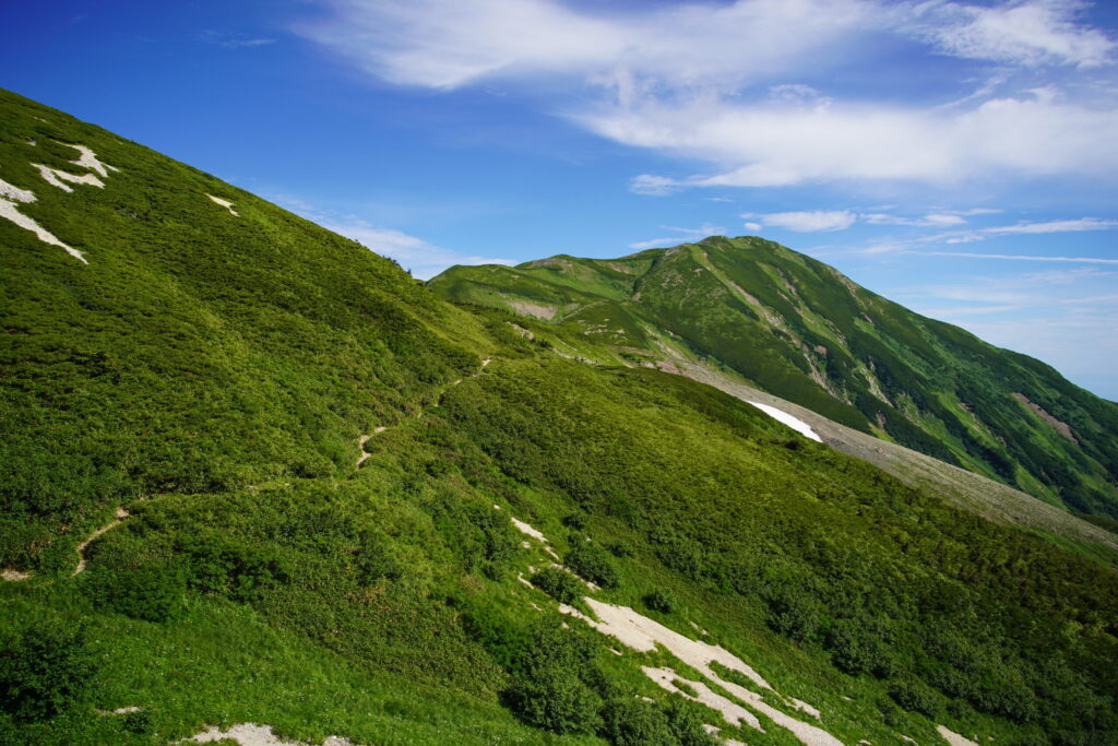 二百名山・雪倉岳 白馬岳〜朝日岳への縦走で立ち寄る山です(白馬岳から雪倉岳の間で撮影)