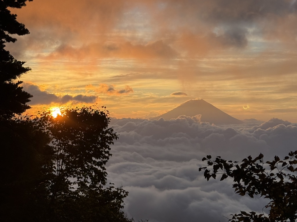 笊ヶ岳登山の唯一のご褒美だった早朝の「雲海の富士」(布引山から笊ヶ岳山頂の間で撮影)