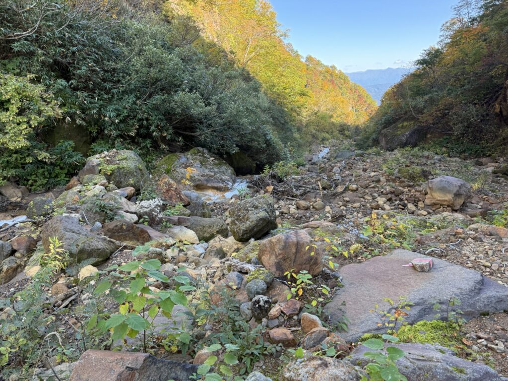 大倉谷の河原　ここから川の渡渉があります（長助池から燕温泉の間で撮影）