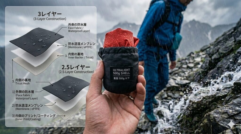 2.5レイヤーは軽量、3レイヤーは擦れにも強い　※画像はAIで生成したものです