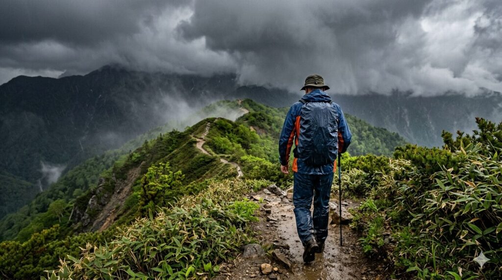 突然の雨でもレインウェアがあれば安心！　※画像はAIで生成したものです