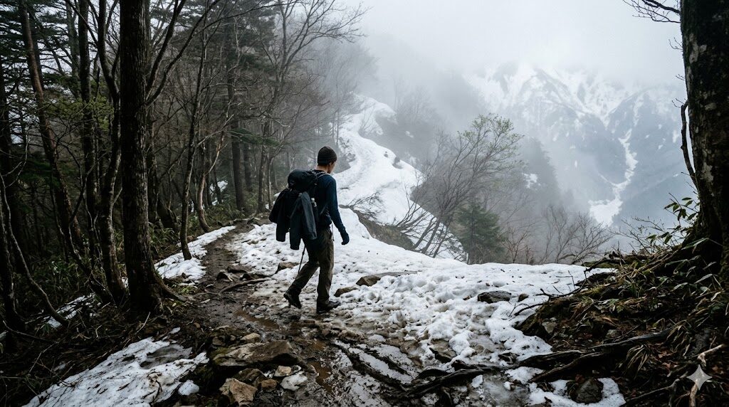 麓が暖かくても山では注意です⚠️ ※この画像はAIで生成したものです 春山の危険性・軽装で登山するリスク