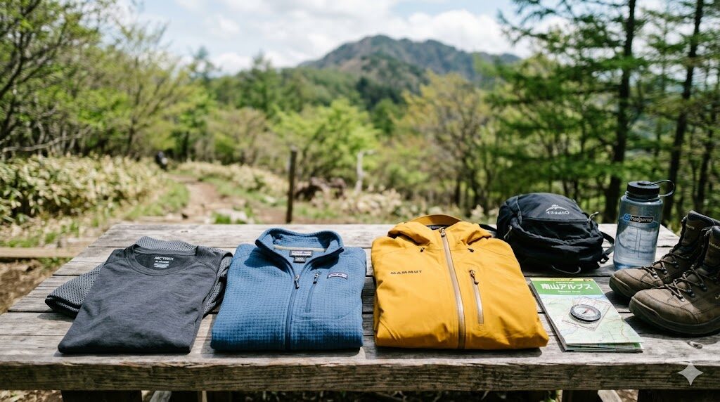 春山の3層レイヤリング・登山装備 ※この画像はAIで生成したものです