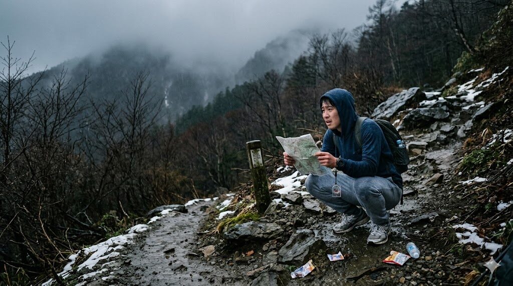 デニム、スニーカー、レインウェアなし。。詰んじゃいます⚠️ ※この画像はAIで生成したものです(春山で失敗する登山者の様子)