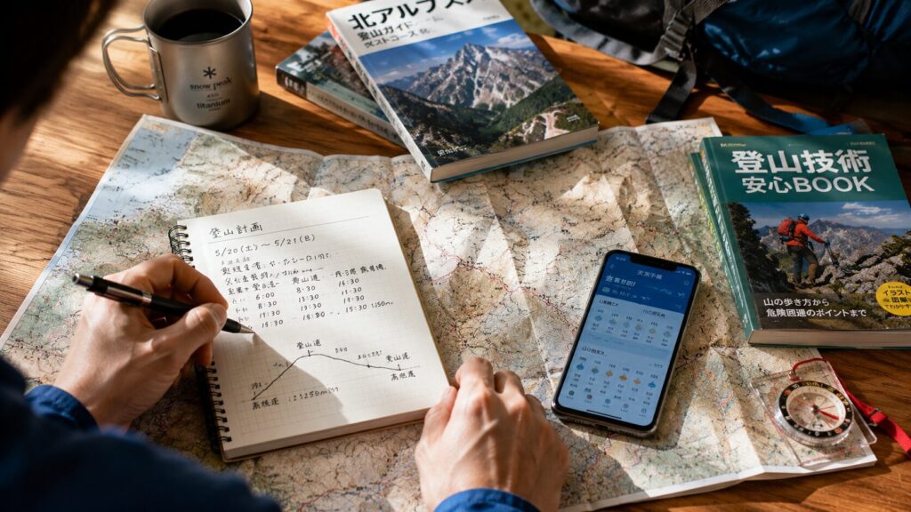 机上で登山計画をノートに記入する登山者　　※画像はAIで生成したものです