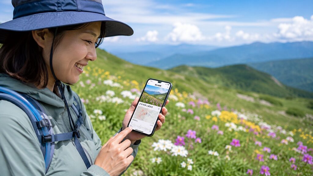 スマホで開花状況をチェックする登山者　※画像はAIで生成したものです