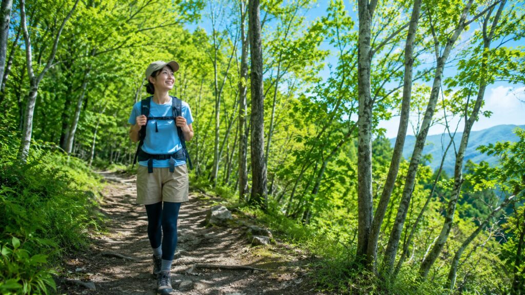 新緑のもと快適に歩く登山者　※画像はAIで生成したものです