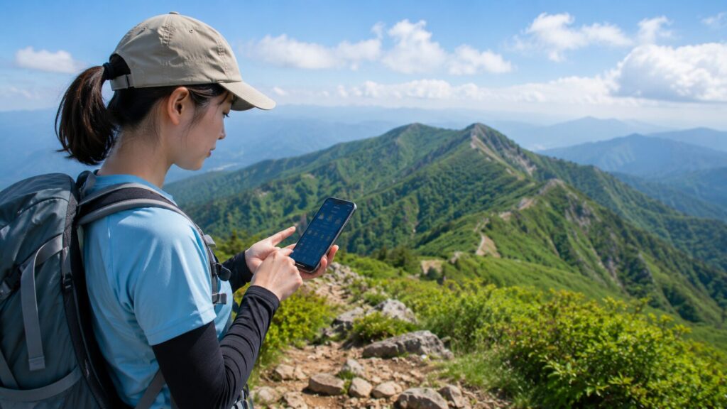 登山中、スマホで天気を確認する登山者　※画像はAIで生成したものです