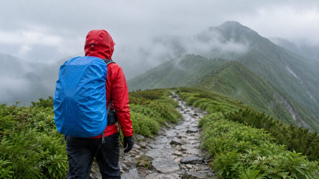 レインウェアを着て登山する男性　※画像はAIで生成したものです