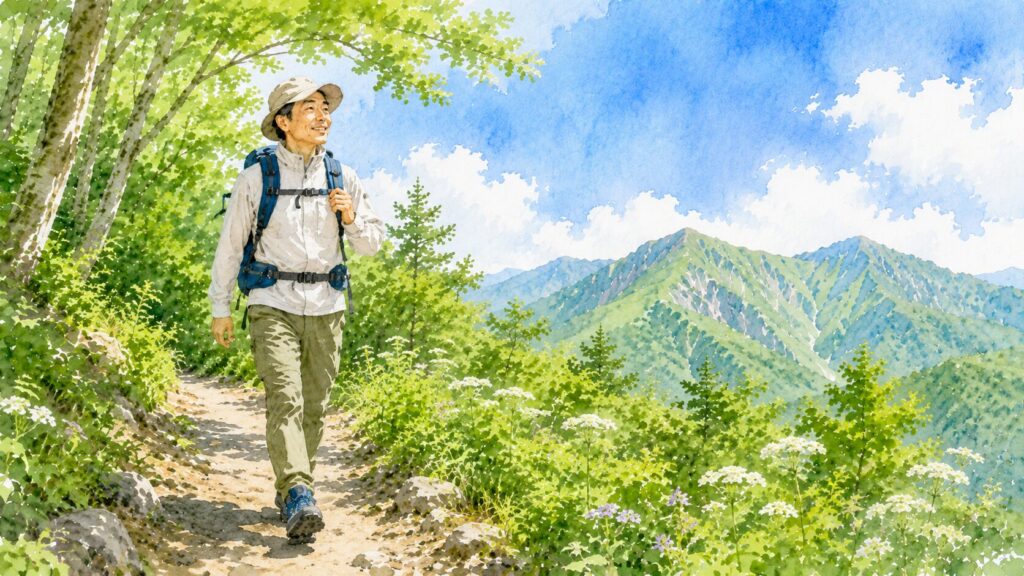 長袖長ズボンで夏山を歩く登山者（イラスト）