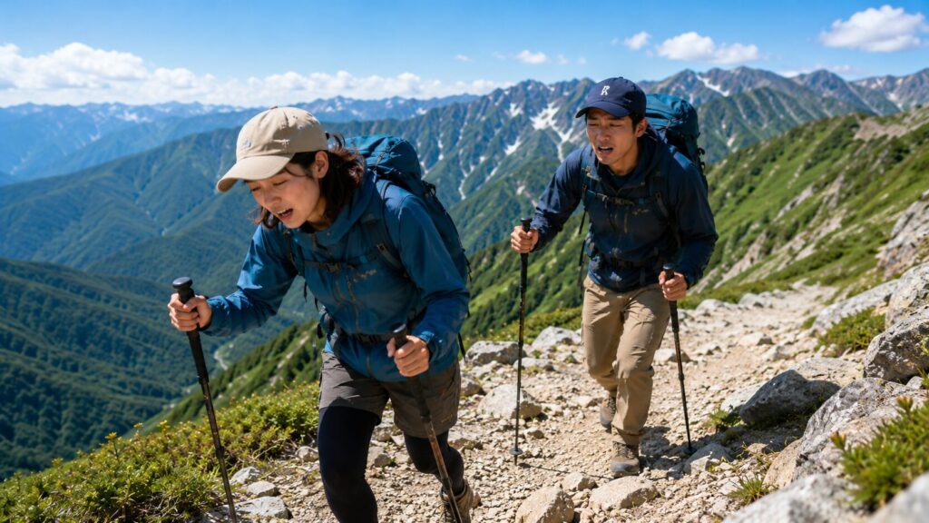 息を切らしながら急いで登る2人の登山者（速く登りすぎは高山病の最大の原因）