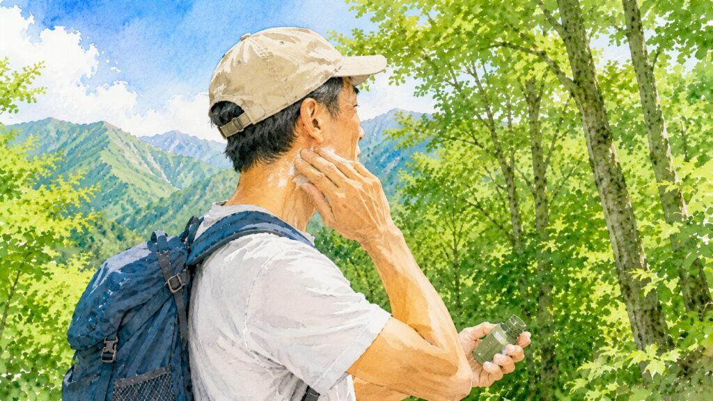 首筋に虫除けを塗る登山者（イラスト）