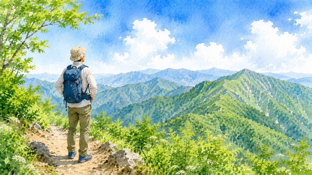 夏山に居る登山者（イラスト）