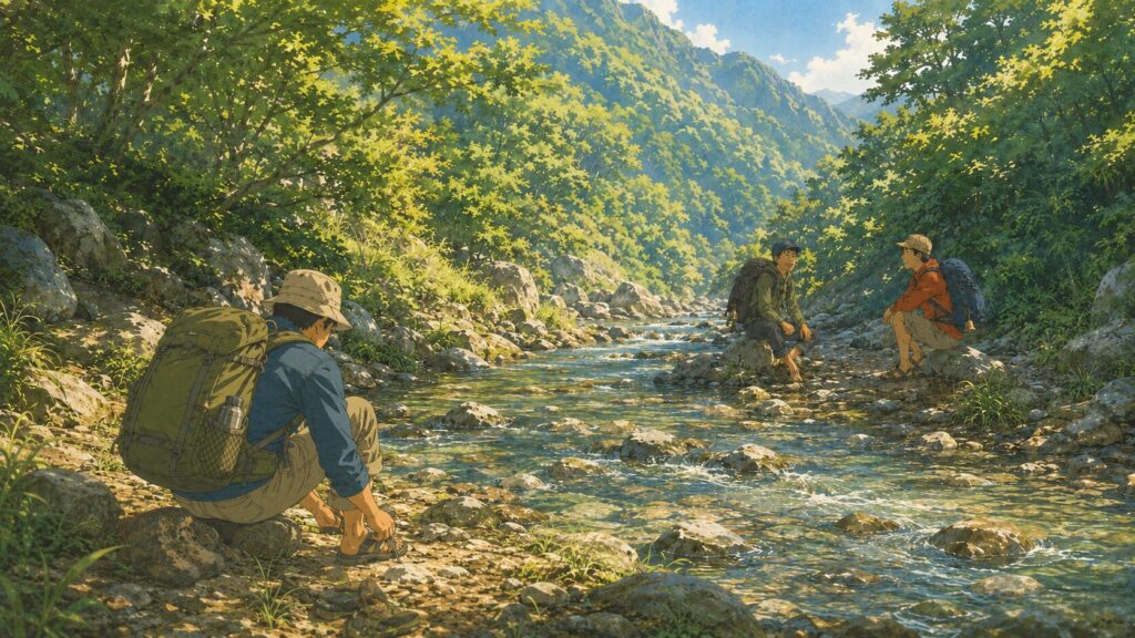 イラスト（渡渉ポイントで靴を履き替える筆者と２人組）画像はAIで作成したものです