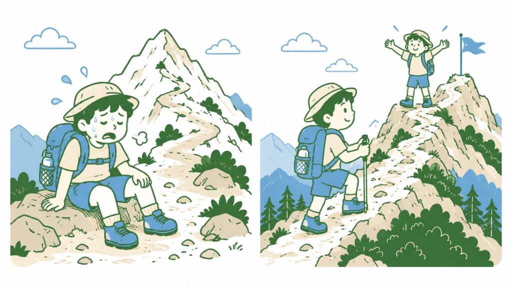 速く登ってバテた登山者とゆっくり登って山頂に立つ登山者の比較イラスト