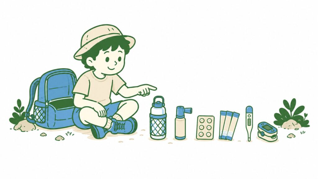 携帯酸素缶・頭痛薬・経口補水液など高山病対策の持ち物イラスト