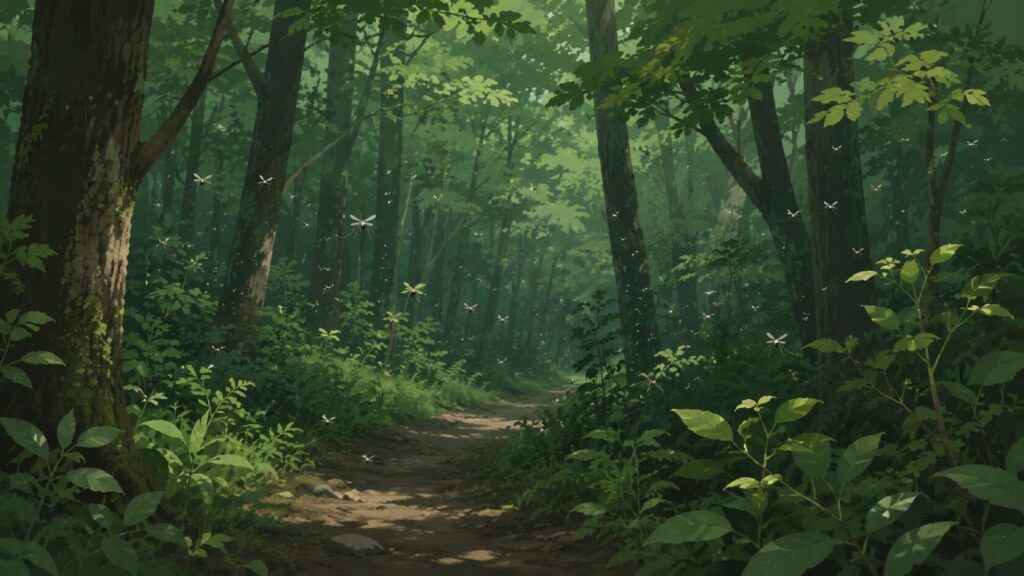 樹林帯の薄暗い登山道。羽虫や蚊が飛んでいる（イラスト）