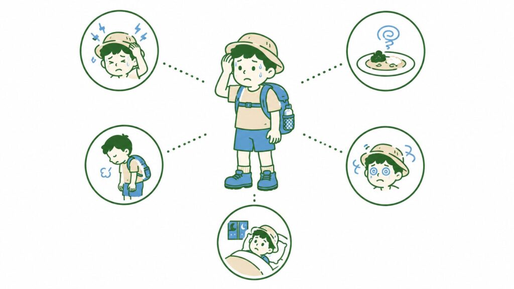 高山病の主な5つの症状（頭痛・吐き気・倦怠感・ふらつき・不眠）を表したイラスト