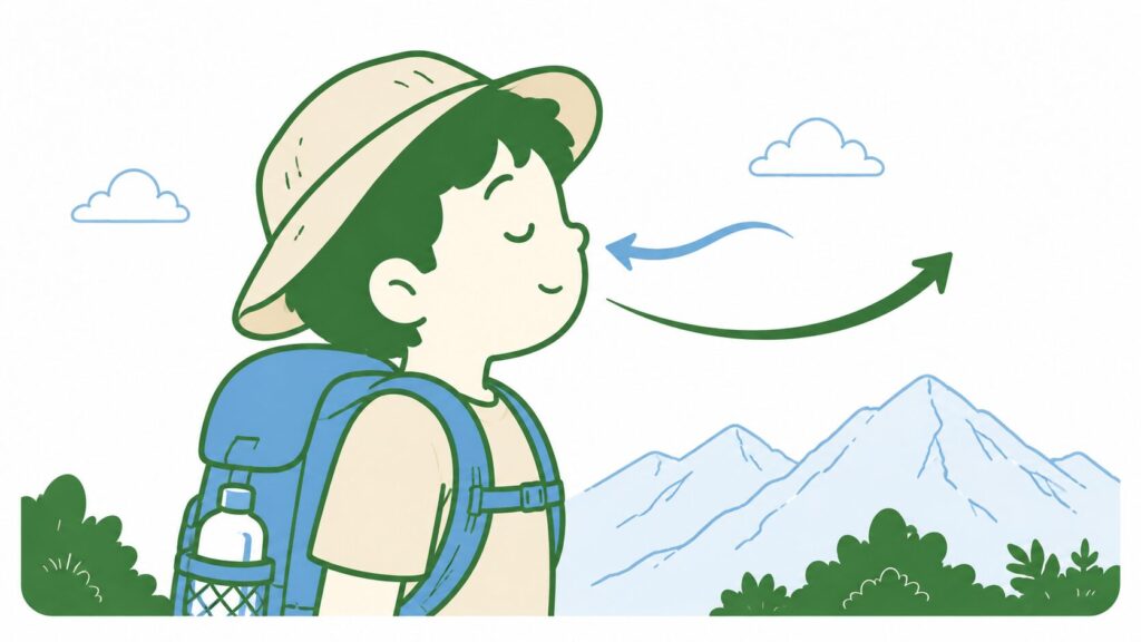 深呼吸しながら歩く登山者のイラスト（鼻から吸って口からゆっくり吐く）