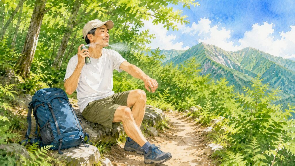 虫除けスプレーを使う登山者（イラスト）