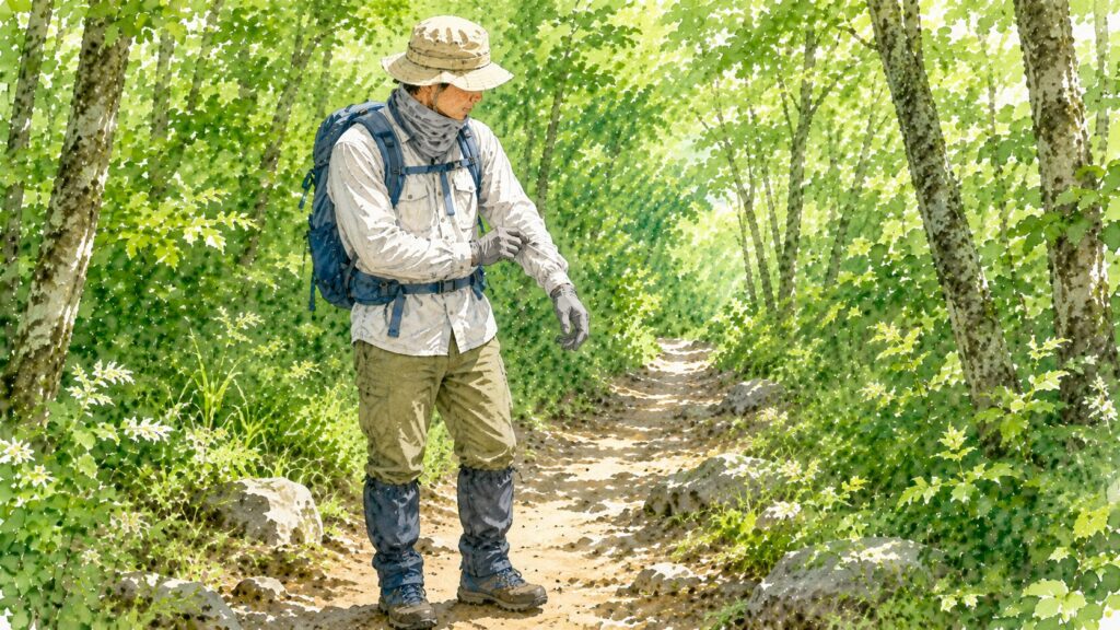 虫対策をして夏山にいる登山者（イラスト）