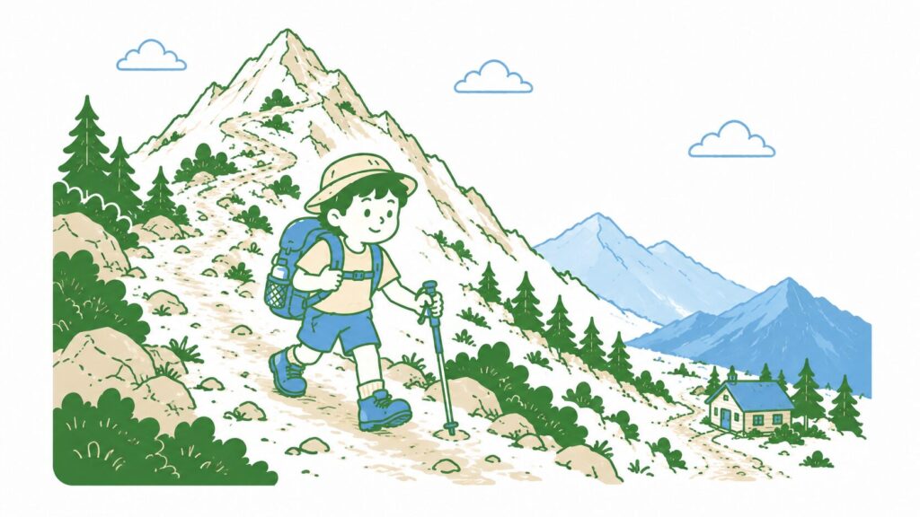 山頂から標高の低い場所へ下るルートを示したイラスト（症状が出たら高度を下げる）
