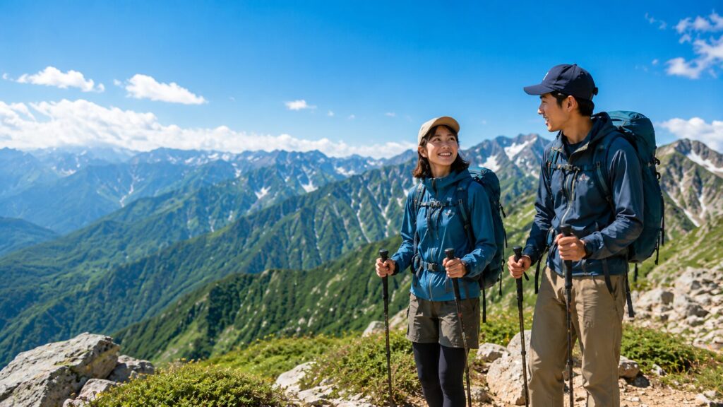 稜線で笑顔を見せる2人の登山者（正しい予防で夏山を楽しむ）
