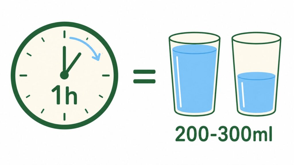 1時間に200〜300mlの水分補給の目安を示すイラスト