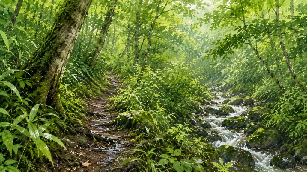 渓流沿いの登山道。虫対策が必要な場所（イラスト）