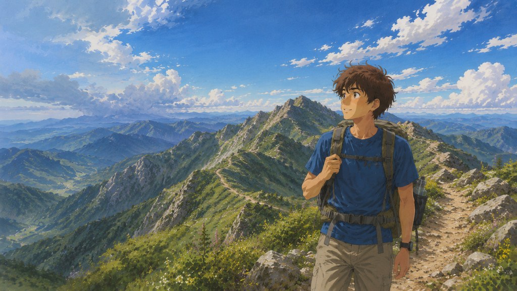 嵐が過ぎた晴れた夏の稜線で達成感をもって景色を眺める登山者のイラスト