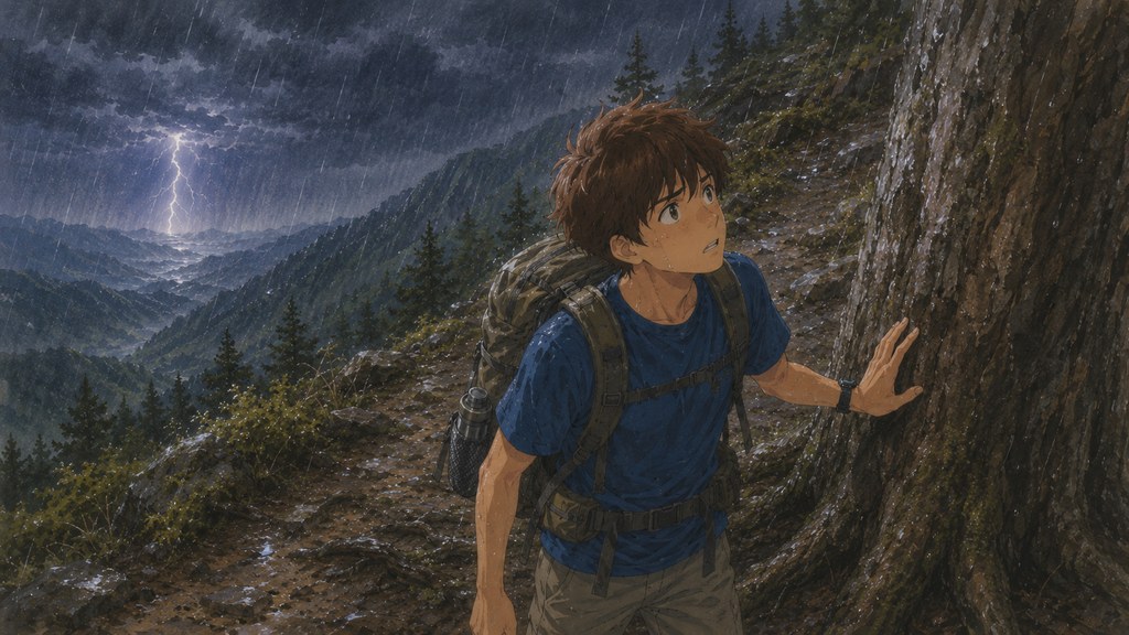 雷雨が近づく中、木のそばで判断に迷う登山者のイラスト