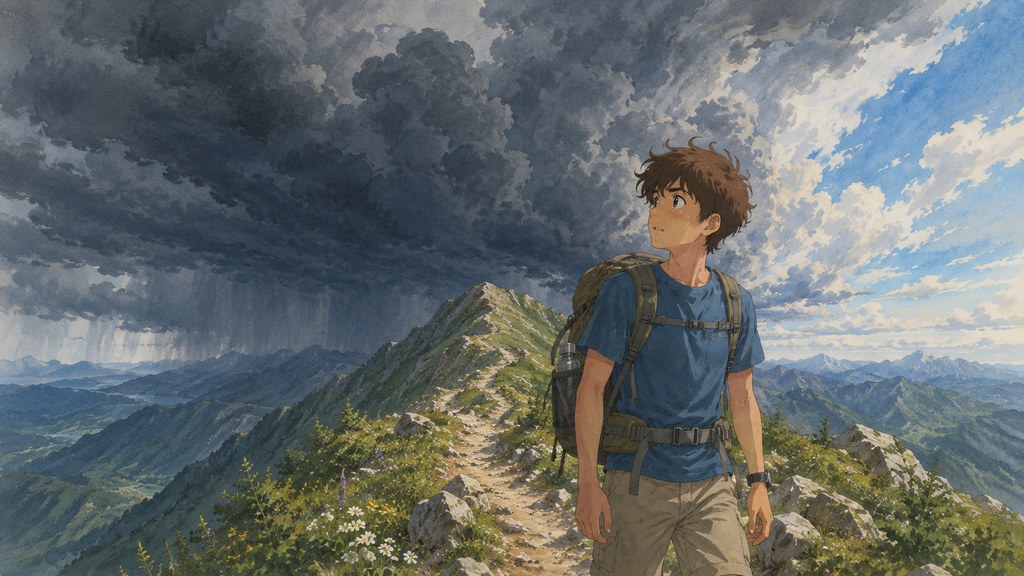 夏の稜線で迫る黒い積乱雲を不安そうに見上げる登山者