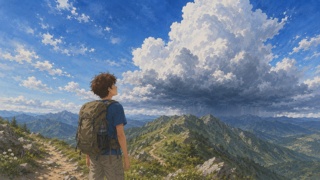 登山道で空を見上げて雷雲の前兆を確認する登山者のイラスト