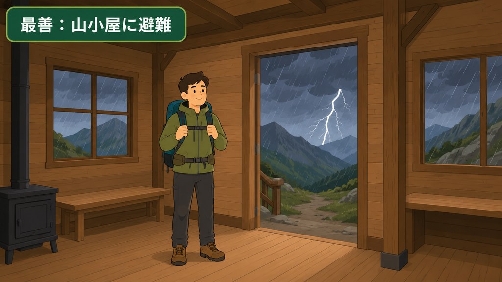 雷の最善の避難先：山小屋に逃げ込み壁から離れて待機する様子の図解