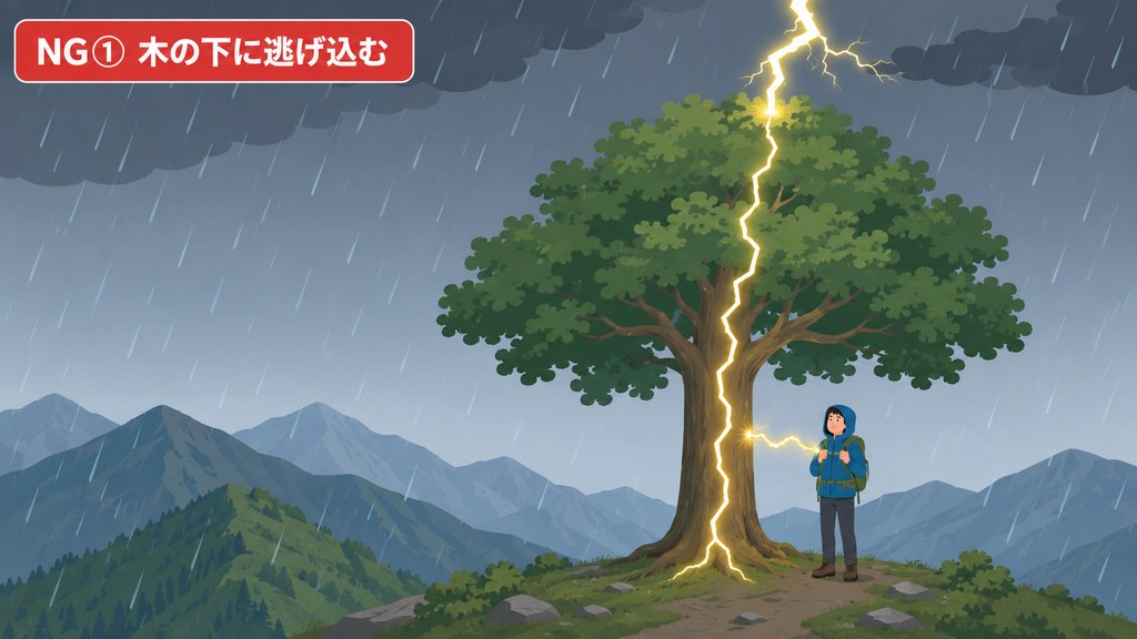 NG行動①：雷雨で大きな木の下に逃げ込み側撃雷を受ける危険を示す図解