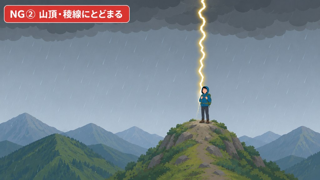 NG行動②：山頂や稜線にとどまり一番高い場所で落雷を受ける危険を示す図解