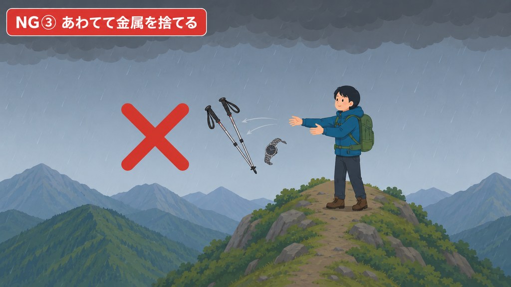 NG行動③：あわてて金属を捨てるのは誤解で意味がないことを示す図解