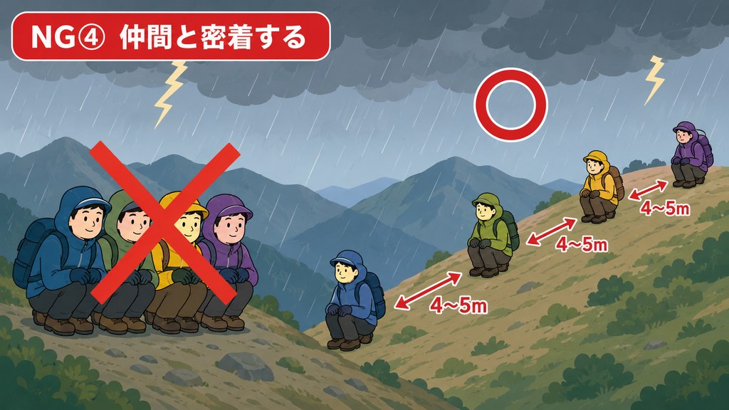 NG行動④：仲間と密着して固まる危険と、4〜5m間隔を空ける正しい配置の図解