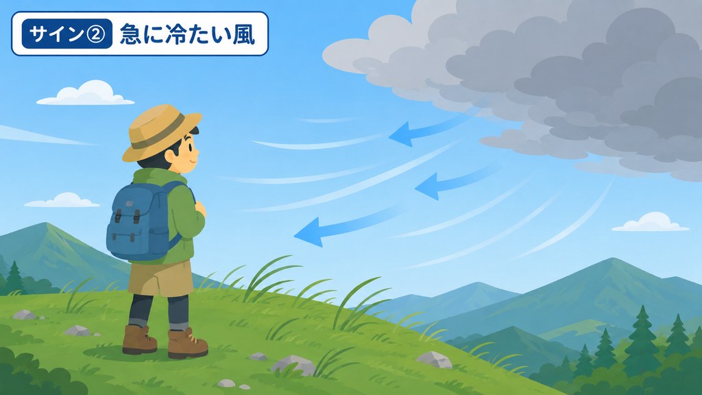 雷の前兆サイン②：雷雲の手前で急に冷たい風が吹く様子の図解