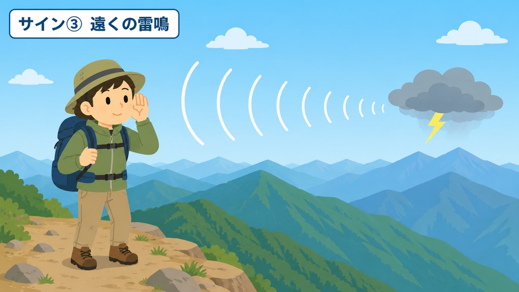 雷の前兆サイン③：遠くから雷鳴が聞こえてくる様子の図解