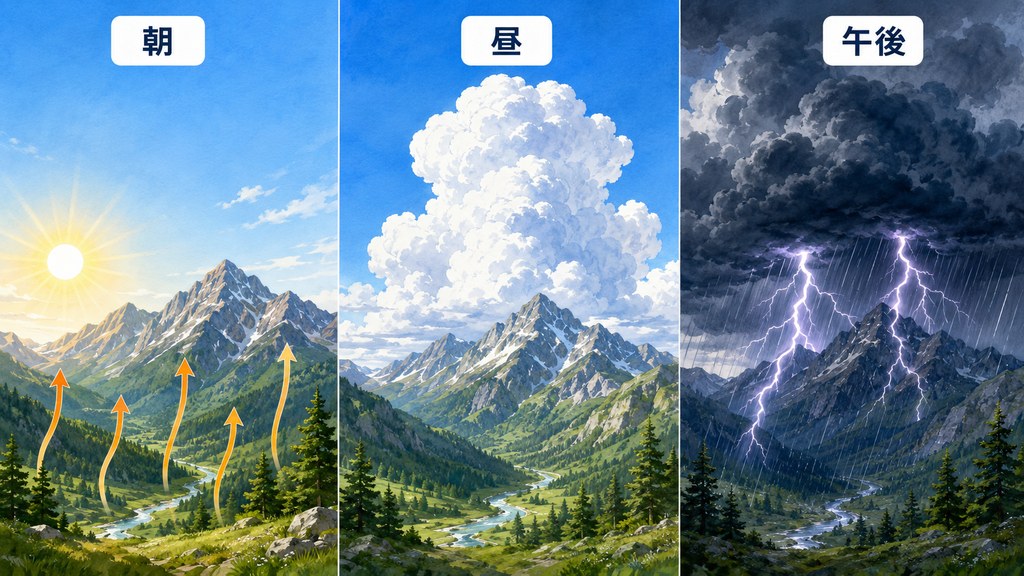 夏山の雷が午後に発生しやすい流れを示す図解（朝・昼・午後の天気変化）