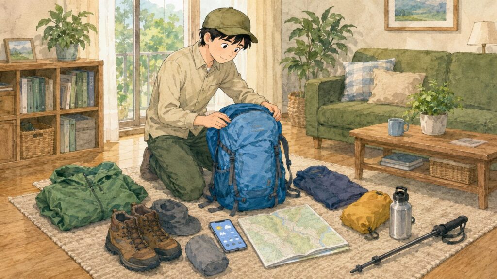 自宅でザックや地図、レインウェアなど登山装備を点検する様子