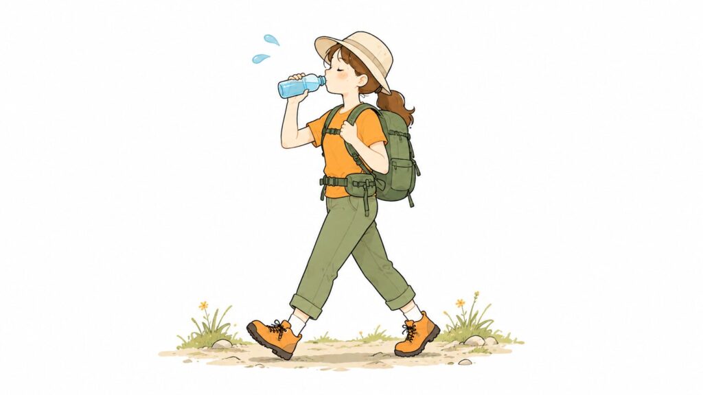 歩きながら水をひと口飲む女性ハイカーのイラスト