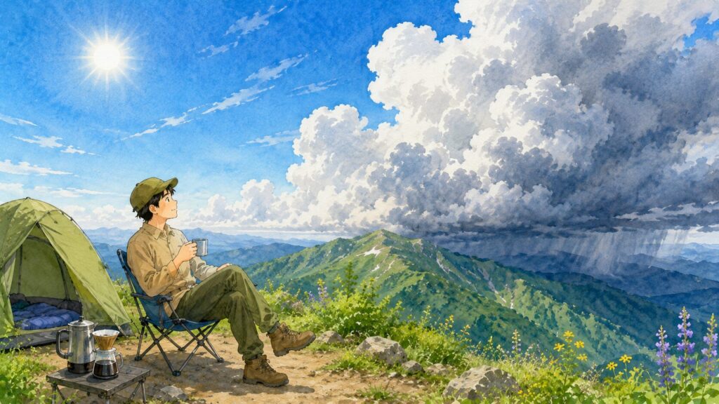 テント場で太陽が高くなってものんびりコーヒーを飲む登山者と近づく雷雲