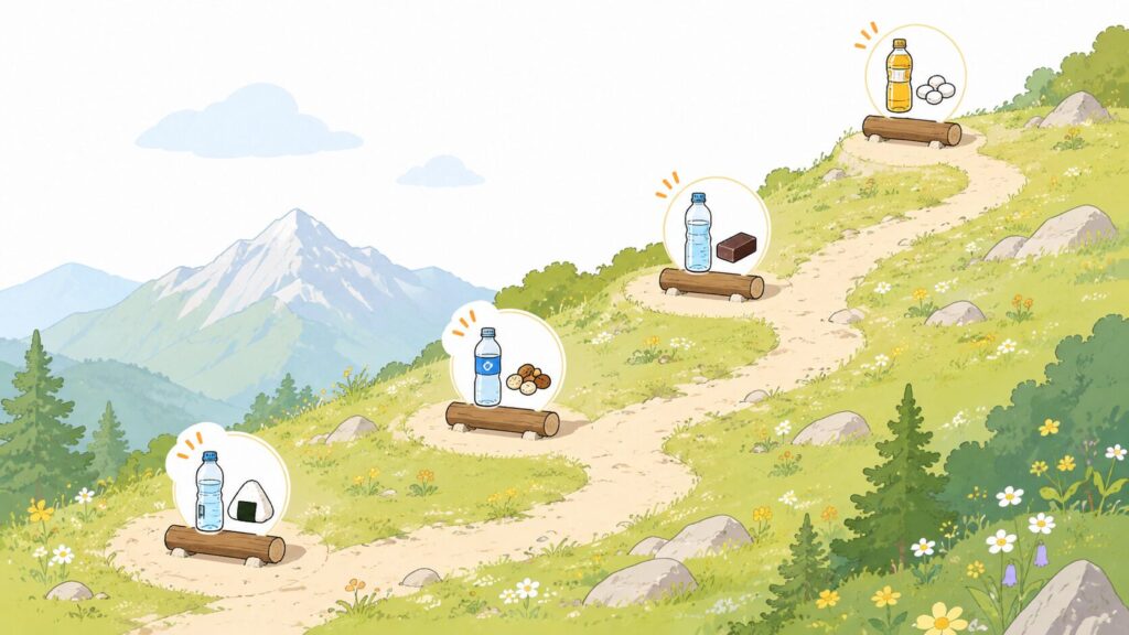 登山道の休憩ポイントごとに飲み物と行動食が置かれたすごろく風イラスト